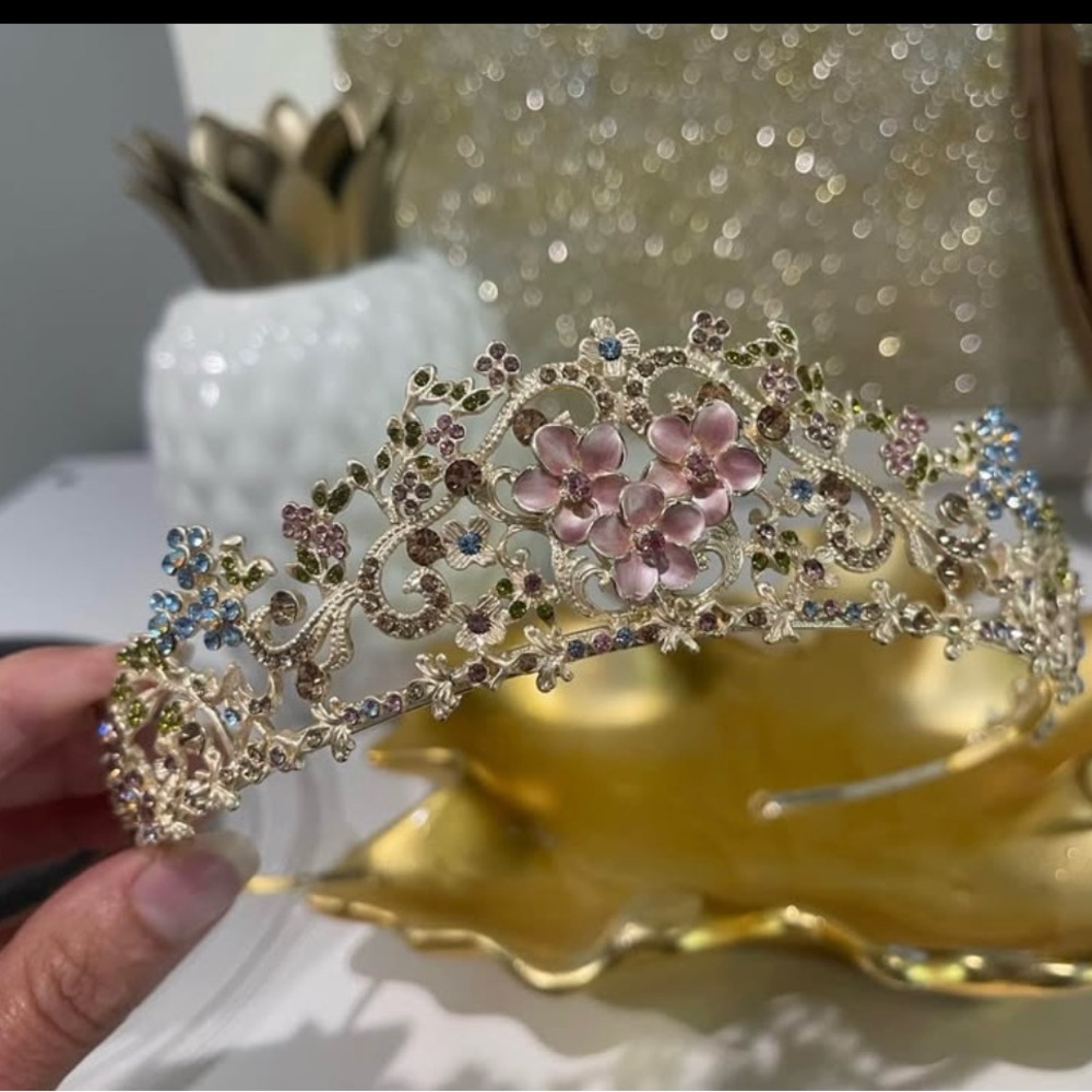 Floral Gold Tiara with Pink and Blue Accents